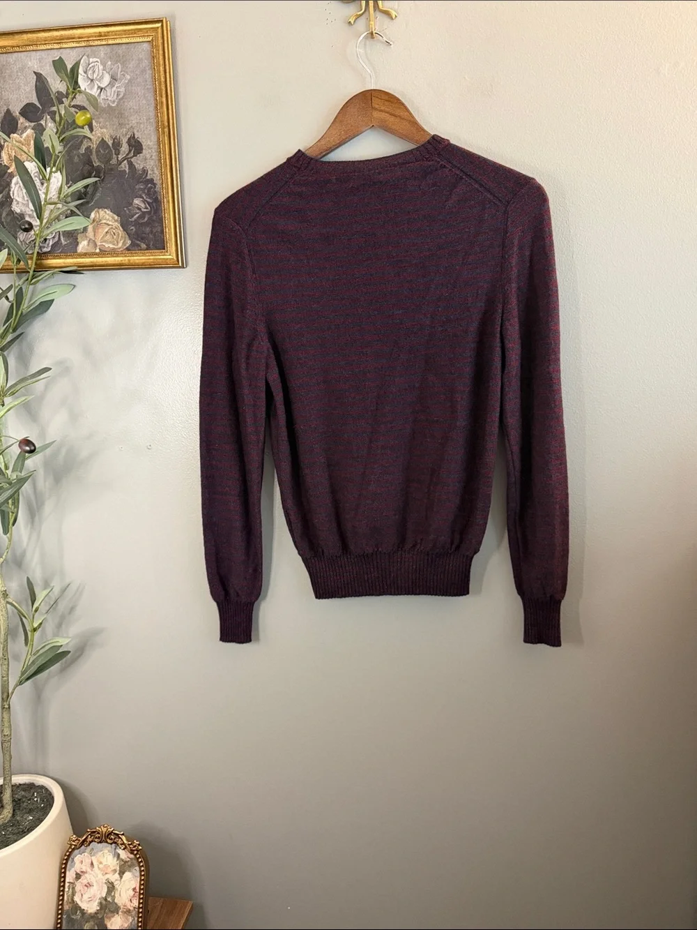 C/89Men Men’s Small 100% Merino Wool Striped Crewneck Sweater Burgundy Navy
